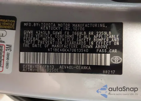 2007 Toyota Camry Le from USA, damaged, VIN 4T1BE46K47U613540